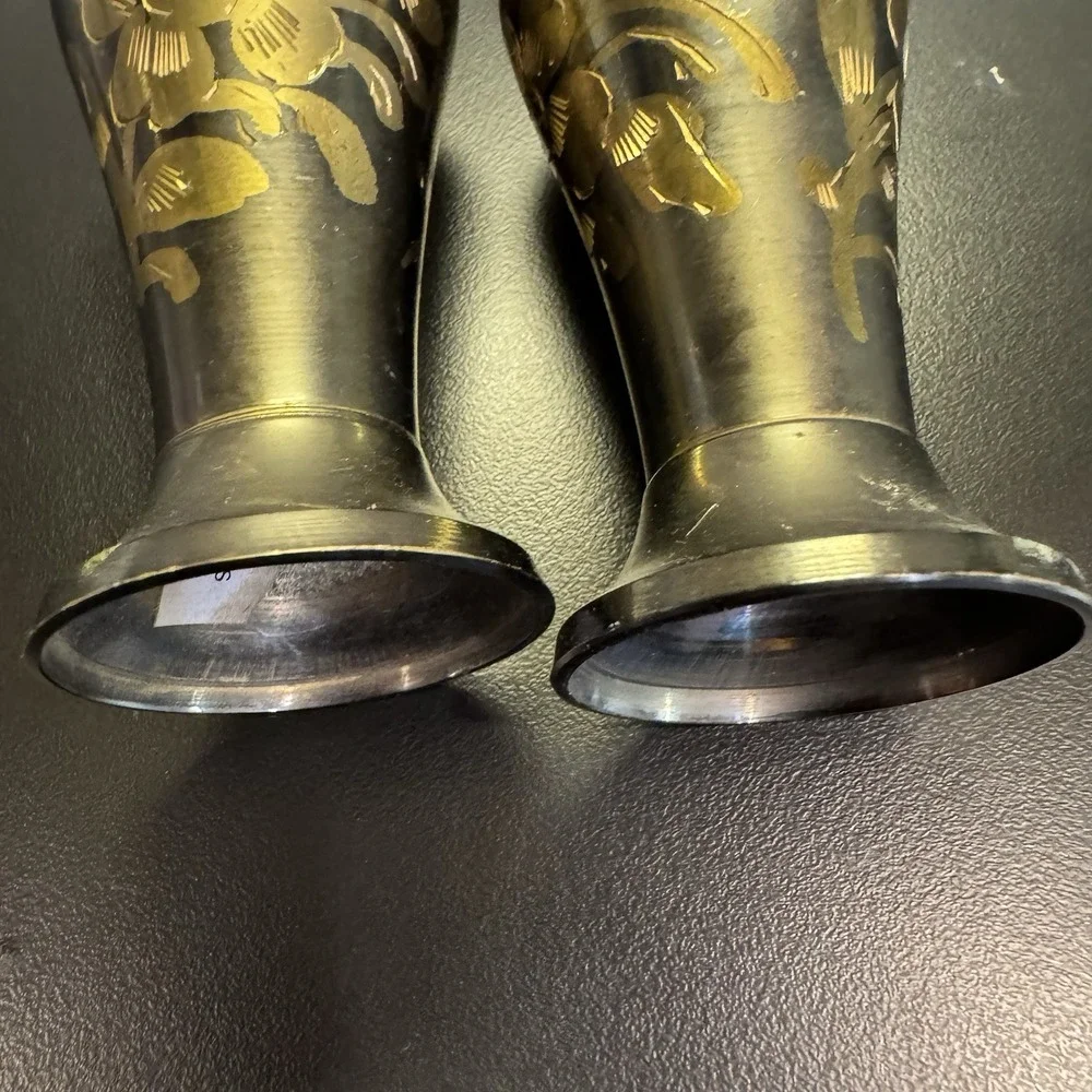Brass Floral Etched Vase Vintage Marked India Solid Brass‎ Set Of 2